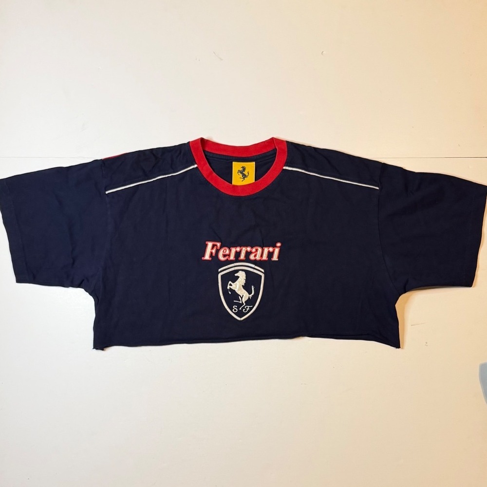 Vintage Ferrari Crop Top Tee Womens XL Navy 90s Nice Man Sports Tee